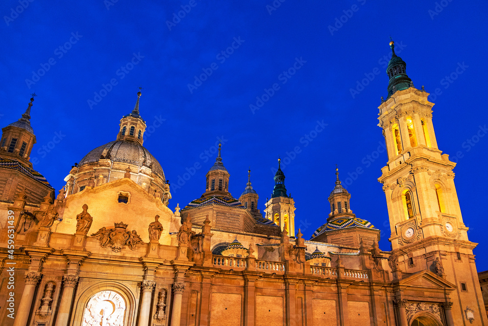 historic cathedral Zaragoza at night and summer evening