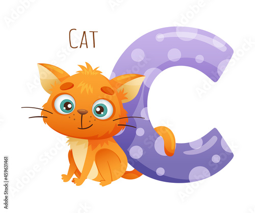 C letter and cute cat animal. Zoo alphabet for children education, home or kindergarten decor cartoon vector illustration