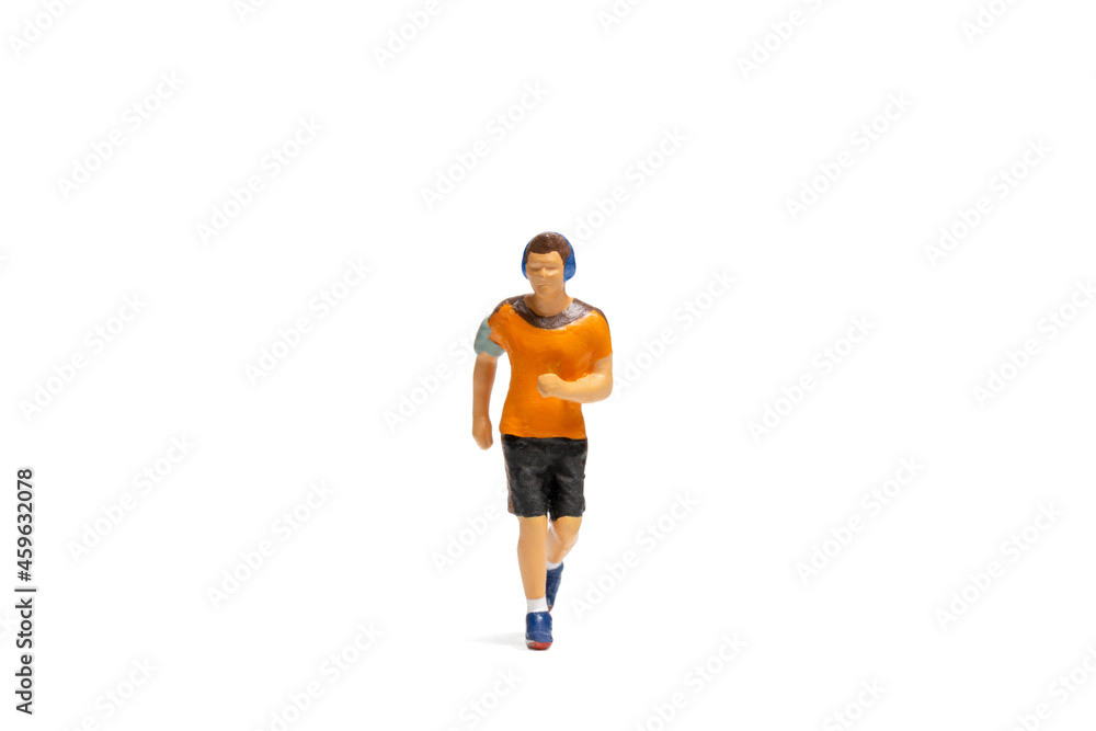 Miniature people, Man in fitness wear running on white background and space for text