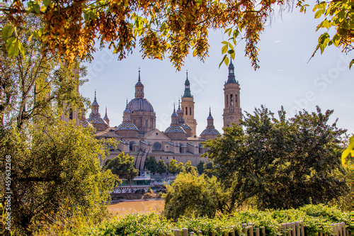 September autumn view of the cathedral and the river in Zaragoza in Spain on a warm sunny day
