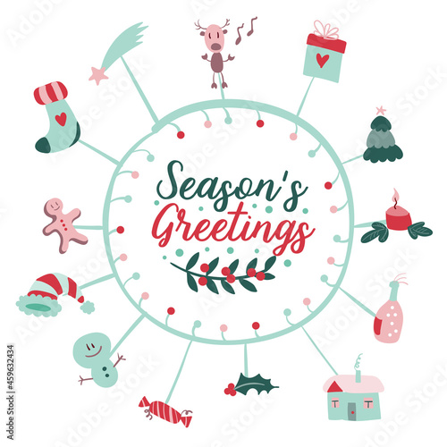 Christmas post card with merry xmas doodles and modern Christmas insignia. Callygraphic logo. Vector