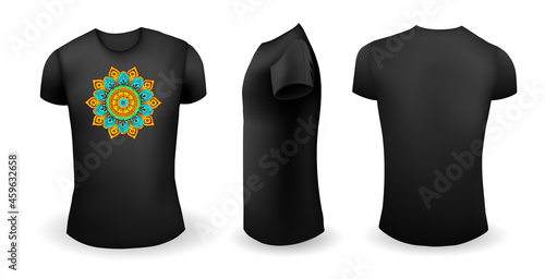 Black male t shirt with mandala. Front, back and side view. Vector