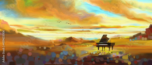 Fotografie Fantasy the piano concert classic and emotion surreal in desert.