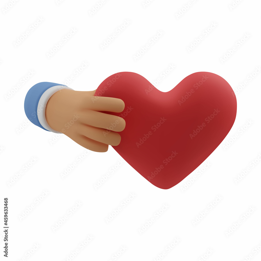 3d icon red heart in hand. Vector cartoon fingers holding gesture. Realistic illustration of donation, love or charity for social media