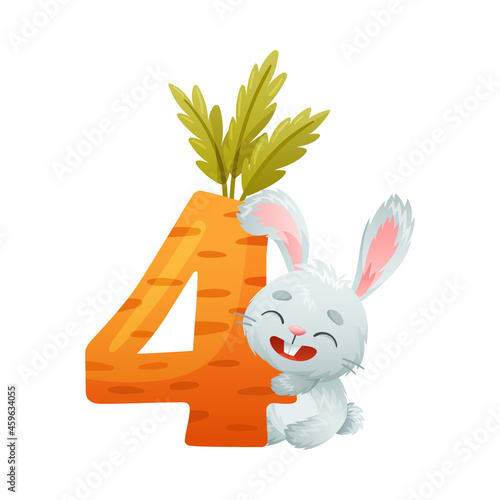 4 number and cute bunny baby animal. Educational numbers for children, home or kindergarten decor cartoon vector illustration