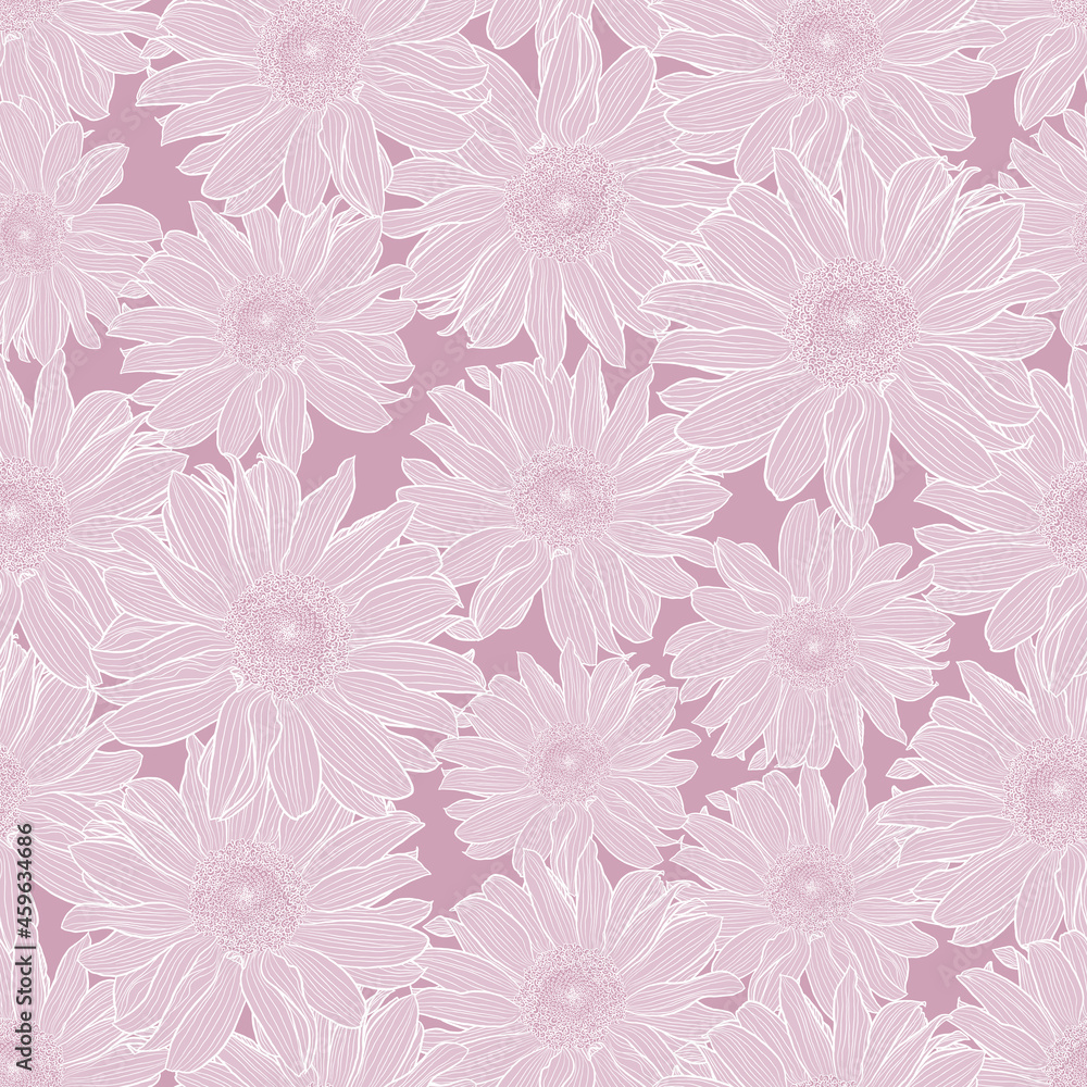 Vector seamless pattern of chamomile flowers in light lilac pastel colors with white outline. Decorative print for wallpaper, wrapping, textile, fashion fabric or other printable covers.