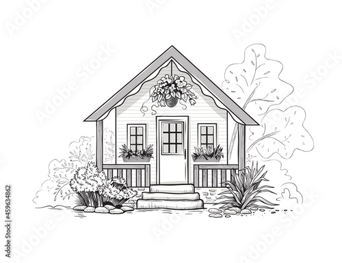 .Garden house..Summer house, hanging flower pot, boxes of flowers,  various bushes  and trees. Vector illustration. Monochrome sketch.