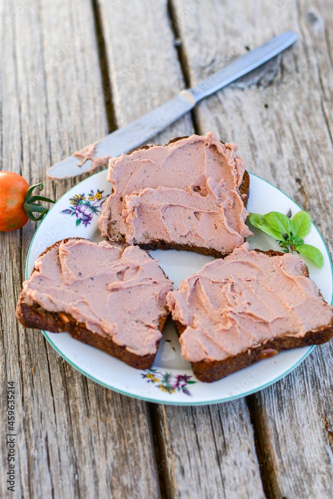Raw, glutten free Sandwich with Fresh homemade chicken liver pate and ketogenic Low Carb Bread Raw, glutten free Sandwich with Fresh homemade chicken liver pate and ketogenic Low Carb Bread