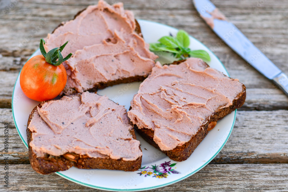 Raw, glutten free Sandwich with Fresh homemade chicken liver pate and ketogenic Low Carb Bread Raw, glutten free Sandwich with Fresh homemade chicken liver pate and ketogenic Low Carb Bread