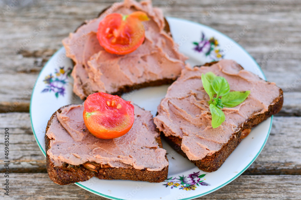   Raw, glutten free Sandwich with  Fresh homemade chicken liver pate and ketogenic  Low Carb Bread 