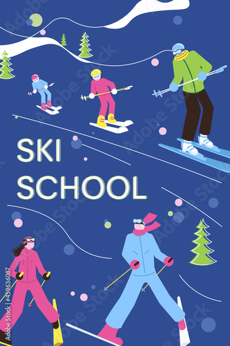 Ski Schoolbanner with group of student skiers with instructor. photo