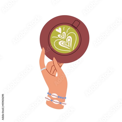 Hand taking matcha latte cup with saucer. Green coffee drink with milk foam pattern. Top view of Japanese coffe in mug. Flat vector illustration isolated on white background
