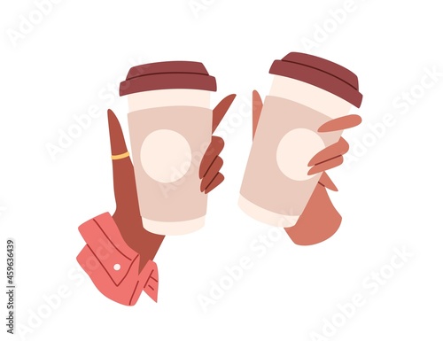 Takeaway coffee cups in women hands. Females holding take-away disposable coffe mugs with plastic lids. Hot cappuccino to go. Flat vector illustration isolated on white background