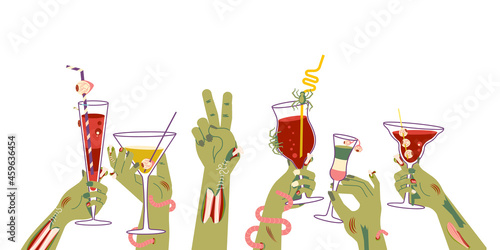 Dead zombie hands holding bloody cocktails isolated