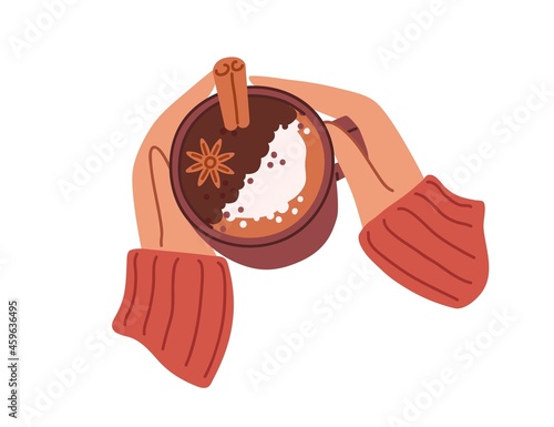 Cup of mulled wine with winter spices in hands in warm sweater. Mug of gluhwein, hot spicy Christmas drink with cinnamon stick and star anise. Flat vector illustration isolated on white background