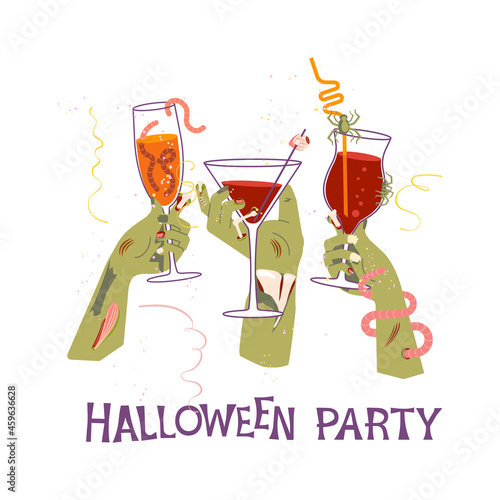 Dead zombie hands holding bloody cocktails isolated