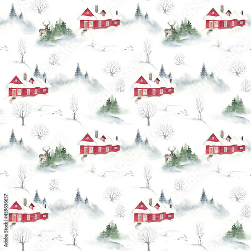 Winter landscape with red country house, trees, deer and hares. Christmas watercolor seamless pattern for print invitation or greeting cards, textile of symbols winter vacation in cottage on nature. photo