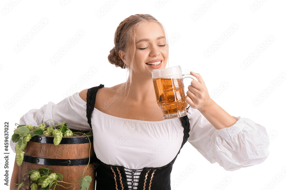 Beautiful woman in traditional German costume and with barrel drinking beer on white background Beautiful woman in traditional German costume and with barrel drinking beer on white background