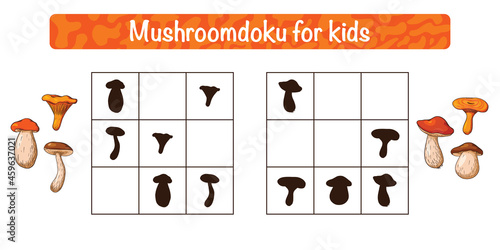 Mushroomdoku Educational Game for Kids. Sudoku with edible mushrooms activity for children. School puzzle. Educational worksheet. Premium Vector