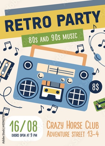 80s and 90s retro music party flyer design. Poster template for nostalgia event in 1980s and 1990s style. Ad placard of eighties and nineties festival. Flat vector illustration of promo card
