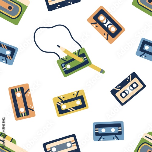 Retro cassette pattern. Seamless music background with 90s casette tapes and pencils. 80s endless repeating texture for printing. Repeatable backdrop. Printable flat vector illustration for decoration