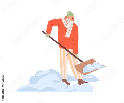 Person removing snow with shovel in cold winter. Man cleaning path with spade outdoors. Guy shoveling and clearing road from snowbanks in frost. Flat vector illustration isolated on white background