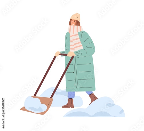 Person removing snow with shovel in winter. Woman in scarf cleaning street with manual snowplow after snowfall outdoors in cold weather. Colored flat vector illustration isolated on white background