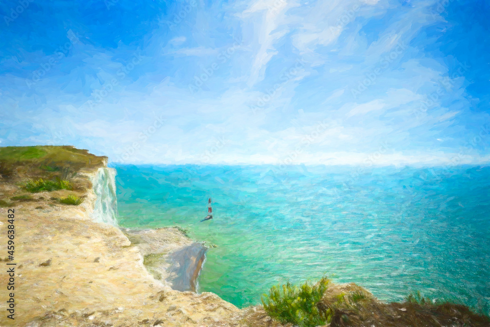 This is a view of the blue sea, Beachy head lighthouse, East Sussex, England. Artwork, digital graphics, painting.