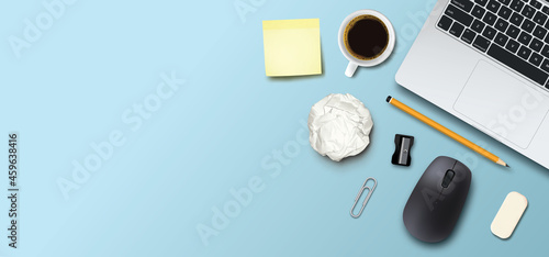 Workspace work desk with office supplies mockup, realistic vector design