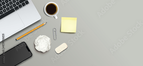 Workspace work desk with office supplies, realistic vector design