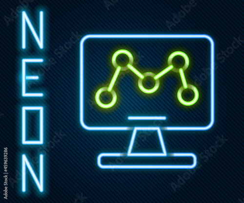 Glowing neon line Genetic engineering modification on laptop icon isolated on black background. DNA analysis, genetics testing, cloning. Colorful outline concept. Vector