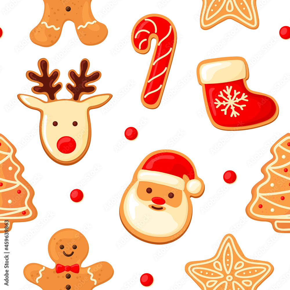 Christmas pattern. gingerbread deer, santa claus, sock for gifts, cookies man, Christmas tree, sweets. cartoon style.
