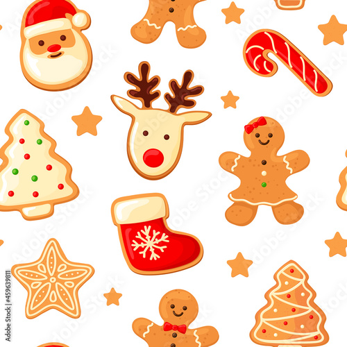 Christmas pattern. gingerbread deer, santa claus, sock for gifts, cookies man, Christmas tree, sweets. cartoon style.
