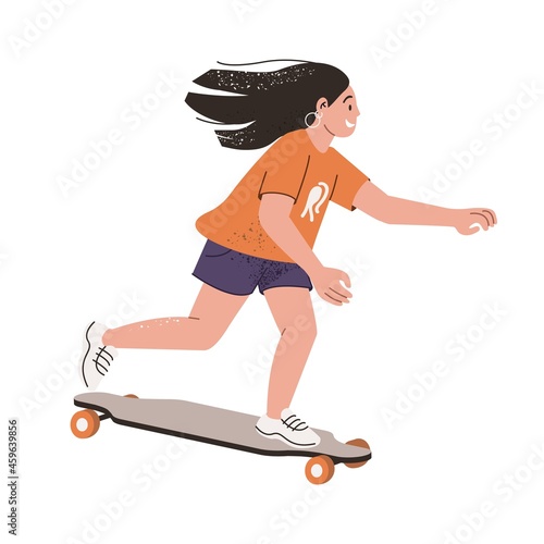 Teenager girl riding skateboard at fast speed. Young happy skater on skate board. Cool active skateboarder. Modern person on longboard. Flat vector illustration isolated on white background
