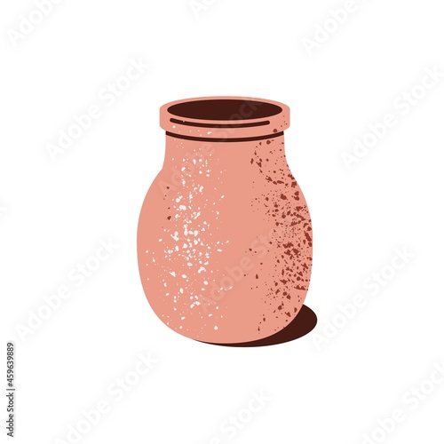 Empty clay pot. Brown earthen jar. Object of pottery art. Earthenware in retro style. Ceramic crock. Flat vector illustration of crockery isolated on white background
