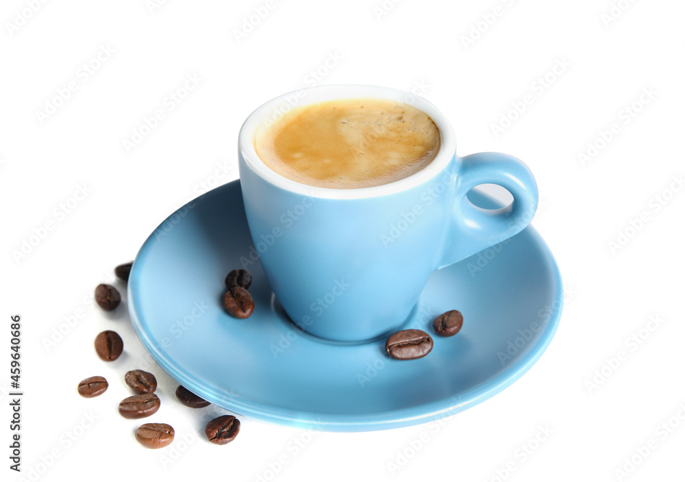 Cup of tasty espresso and scattered coffee beans on white background Cup of tasty espresso and scattered coffee beans on white background