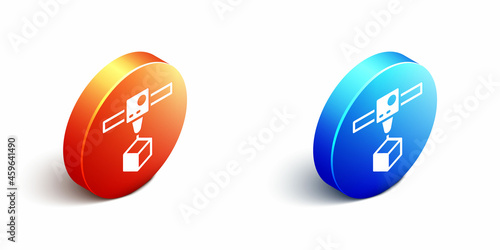 Isometric 3D printer cube icon isolated on white background. 3d printing. Orange and blue circle button. Vector
