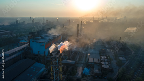 metallurgical plant heavy industry poor ecology top view smoke from chimneys smog
