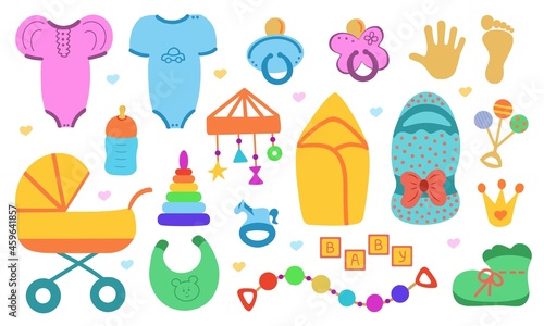 Newborn things. Cute set of things for childrenhood. Isolated icons of baby goods for newborns. Clothing, toys, accessories for hygiene, food for Infant. Vector.