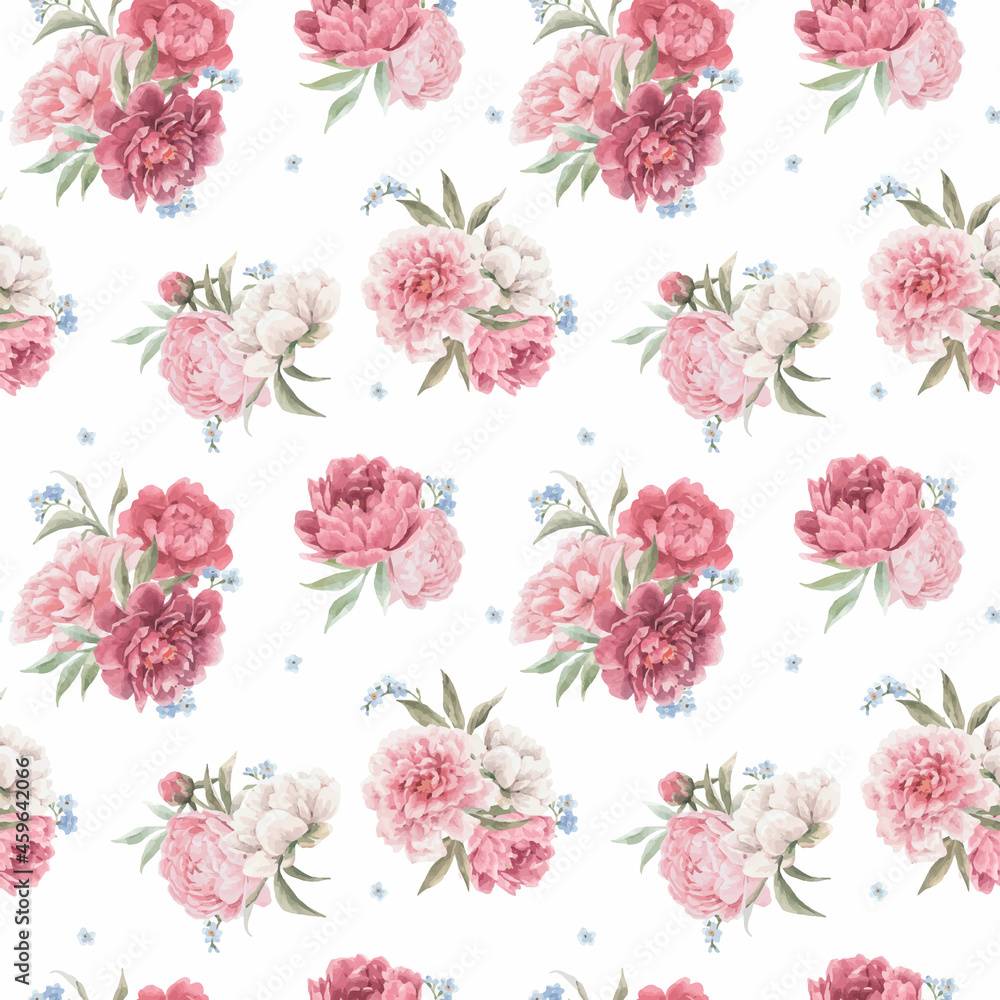 Beautiful vector seamless floral pattern with hand drawn watercolor gentle pink peony flowers. Stock illuistration. Beautiful vector seamless floral pattern with hand drawn watercolor gentle pink peony flowers. Stock illuistration.