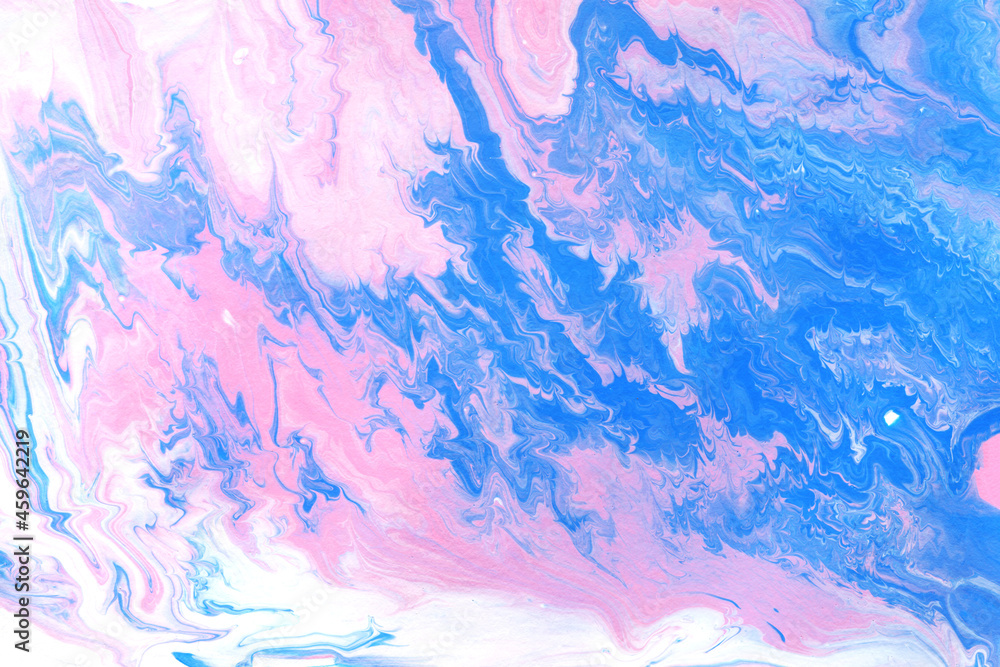 Acrylic texture made in fluid pour technique. Background in pink, white and blue colors.