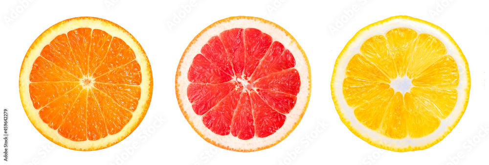 Group of citrus fruits. Organic lemon, orange, limon, grapefruit circles isolated on white. Fresh fruit slices. Healthy food. Top view Group of citrus fruits. Organic lemon, orange, limon, grapefruit circles isolated on white. Fresh fruit slices. Healthy food. Top view