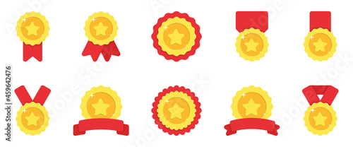 Set of Gold Medals with Red Ribbon and Stars on White Background. Shiny Golden Award Collection for Winner of Competition. Round Gold Rewards for Sport Champion. Isolated Vector Illustration