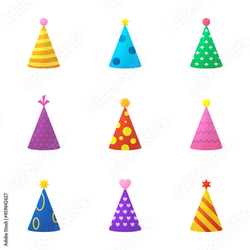 Collection of Colorful Birthday Party Hat on White Background. Funny Cartoon Cone Caps Set for Celebration Anniversary. Accessory for Decoration New Year Party. Isolated Vector Illustration