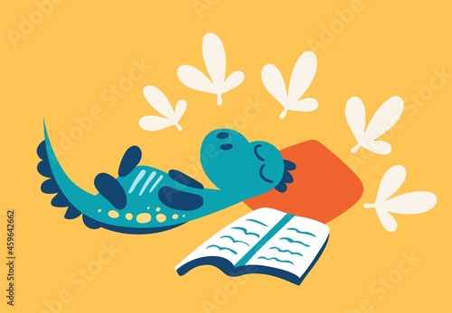 Dino sleeping with a book, vector illustration. photo