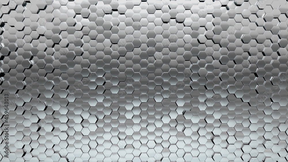 Hexagonal, Glossy Mosaic Tiles arranged in the shape of a wall. Silver, Polished, Bullion stacked to create a 3D block background. 3D Render