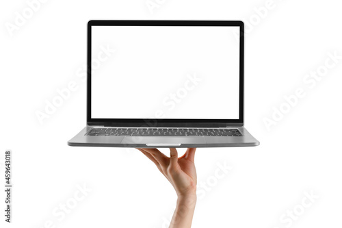 Hand holding laptop with blank copy space screen for your advertisement with clipping path.