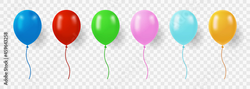 Set of Colorful Flying Balloons with Ribbon on Transparent Background. Realistic Ballons Collection for Party, Birthday, Anniversary, Celebration. Round Air Ball Set. Isolated Vector Illustration
