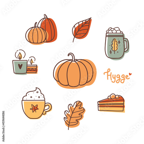 Hygge icons set for social media, web banner, advert, or print. Pumpkins, coffee, candles, oak leaf, apple pie isolated on white background. Autumn elements in  doodle style for postcard. 