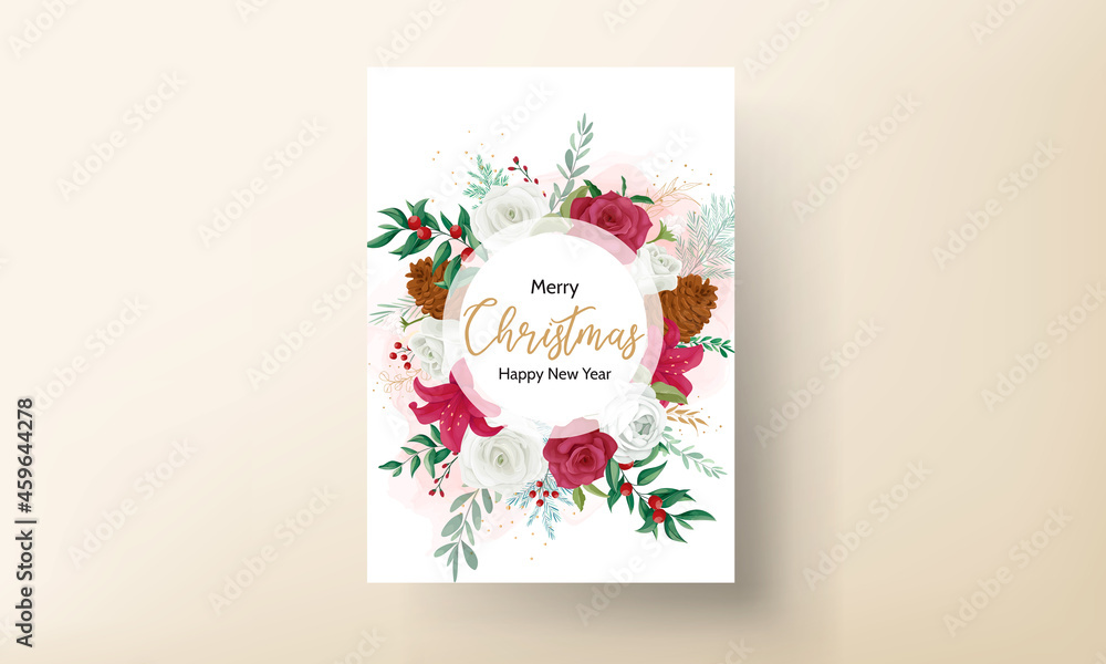 christmas card template design with beautiful flower and gold leaves